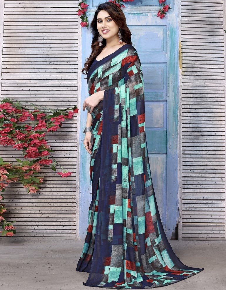 Multicolor Georgette Saree for Women | Floral and Geometric Printed Design