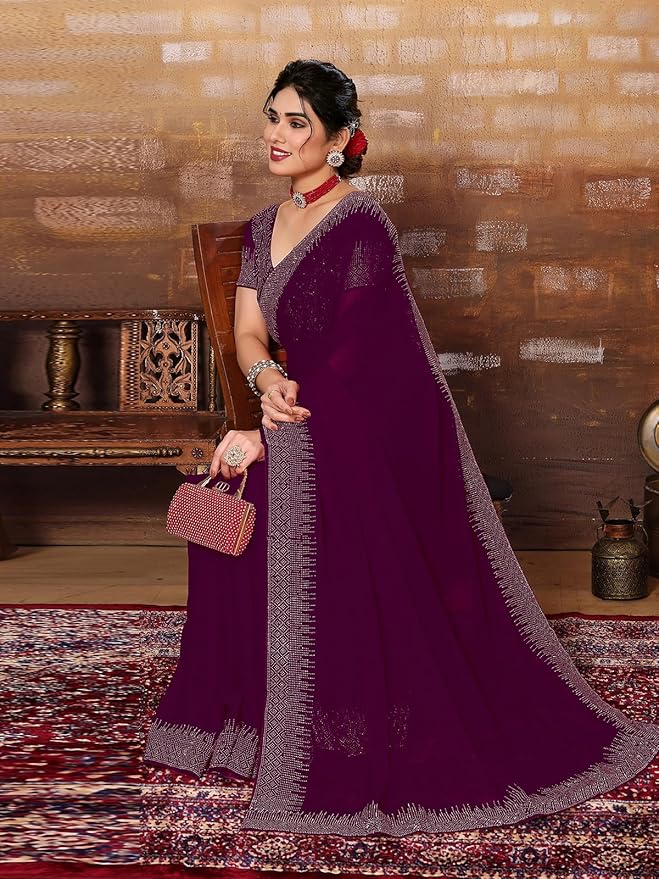 Georgette Saree for Women | Hot Fixing Design | Wine with Matching Blouse