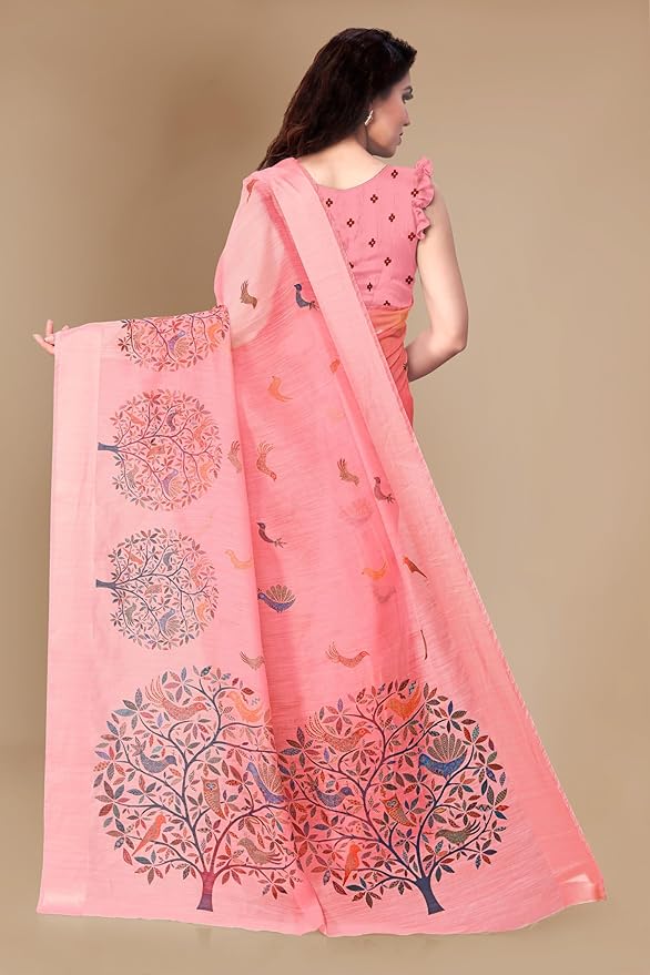 Cotton Blend Saree for Women | Madhubani Forest Print with Satin Woven Border | Light Coral