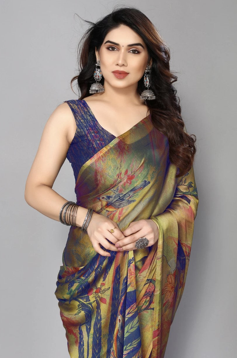 Royal Blue Chiffon Georgette Saree for Women | Floral Printed Design