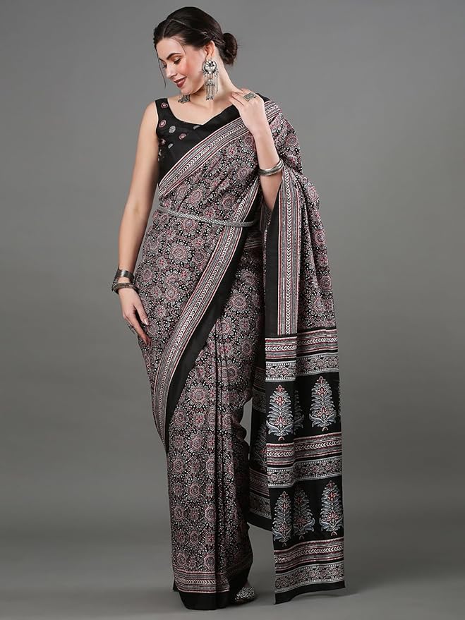 Dola Silk Saree for Women | Ajrak Block Print Design | Black with Floral Blouse