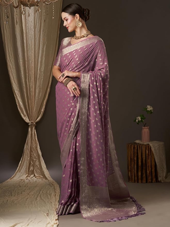 Georgette Saree for Women | Zari Border with Woven Ethnic Motif | Mauve