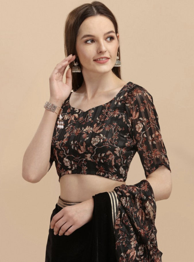 Black Velvet Saree for Women | Floral Print with Gotta Patti Work