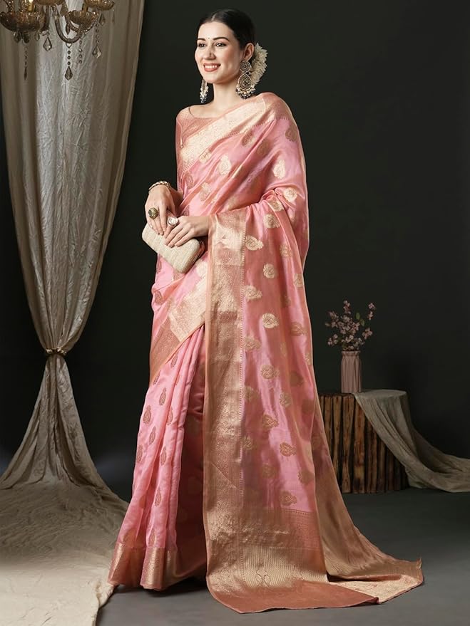 Organza Saree for Women | Zari Woven Ethnic Motif Design | Pink with Banarasi Silk Blouse