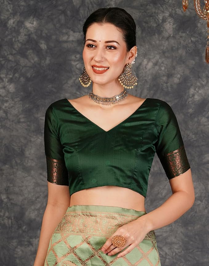 Silk Jacquard Saree for Women | Traditional Woven Design | Pista Green with Dark Green Blouse