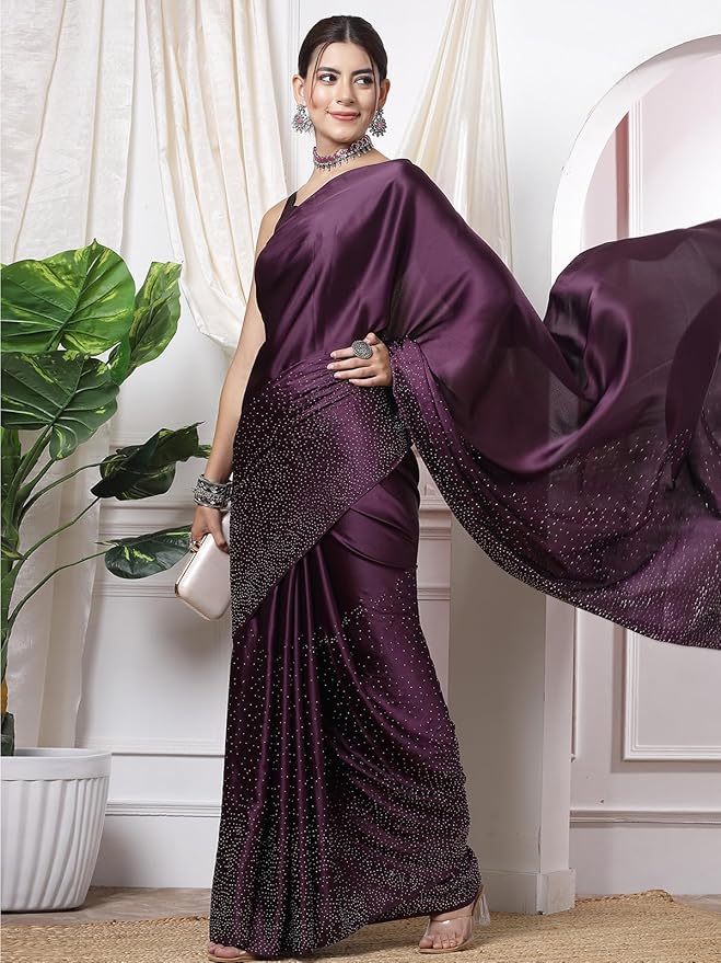 Satin Silk Saree for Women | Hot Fixing Design | Wine with Matching Blouse