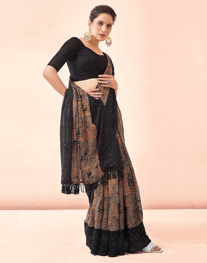 Georgette Saree for Women | Printed Sequence Work | Black with Banglori Silk Blouse