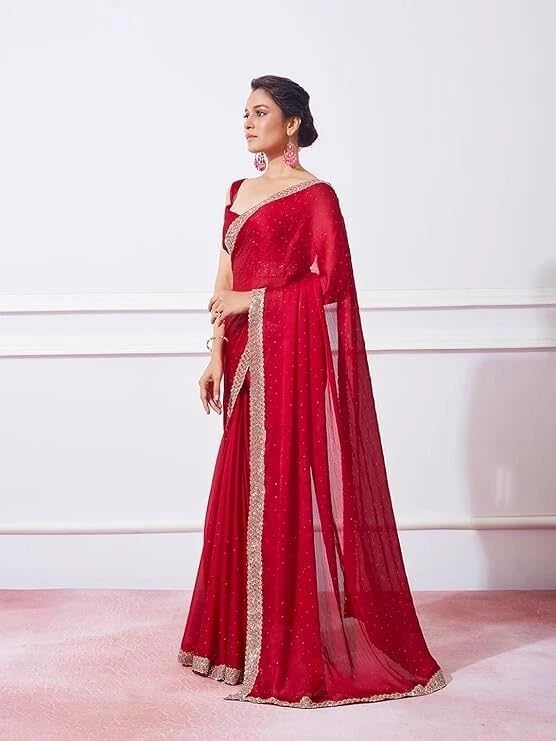 Organza Ruffle Frill Saree for Women | Crush Pattern with Sequence Work | With Blouse Piece