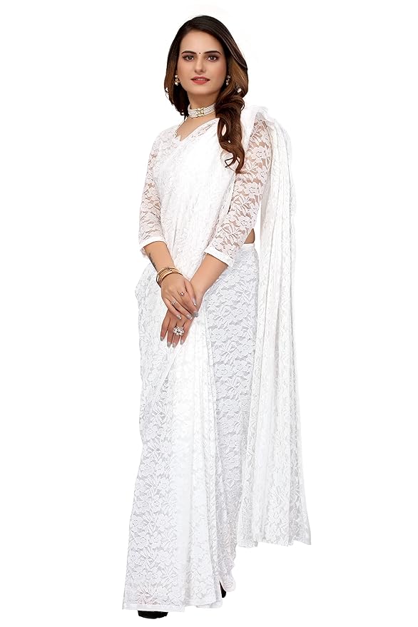 Net Saree for Women | Floral Lace Design | With Blouse Piece