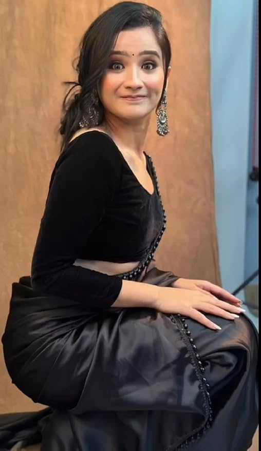 Ready to Wear Satin Silk Black Saree for Women | Embroidered Design with Velvet Blouse