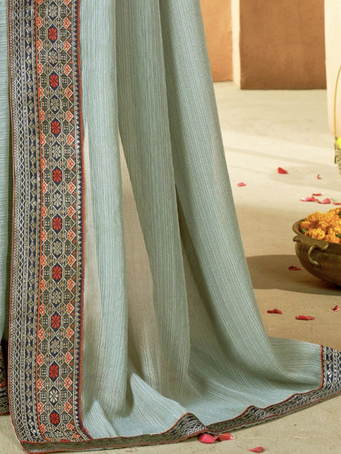 Pure Gray Georgette Saree for Women | Zari Woven Border