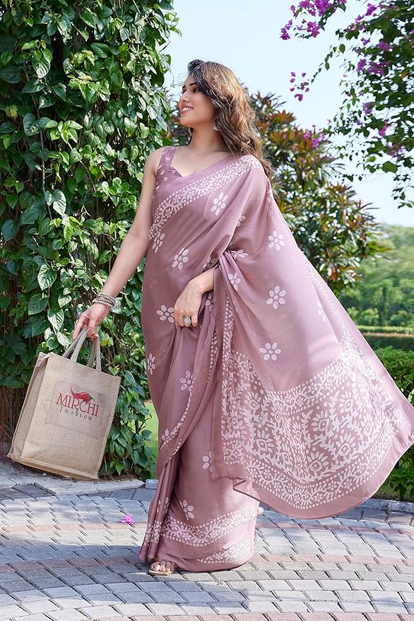 Printed Chiffon Saree for Women | Batik Block Print Design | Pink and White