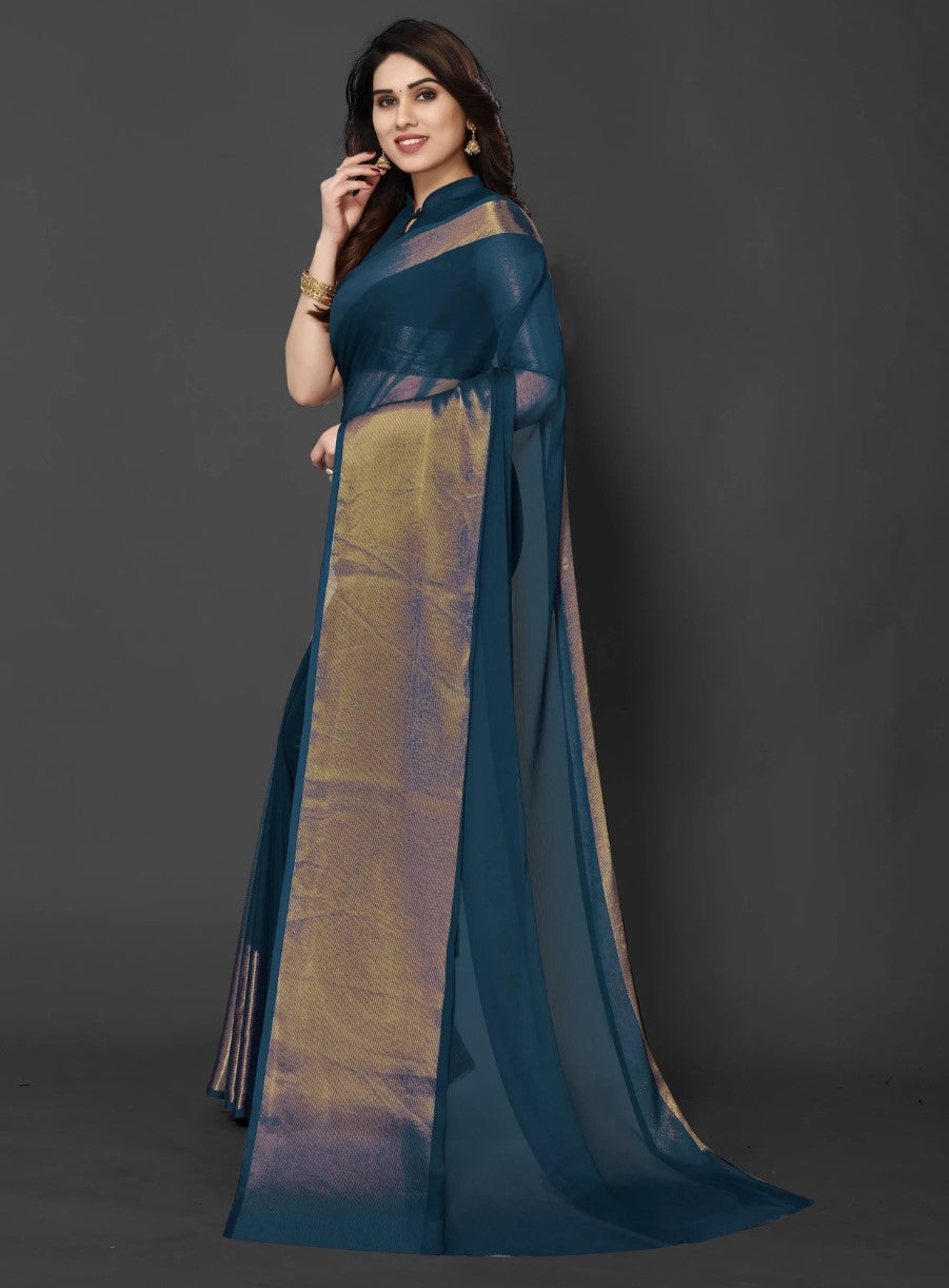 Peacock Blue Chiffon Saree for Women | Golden Patta Striped Design