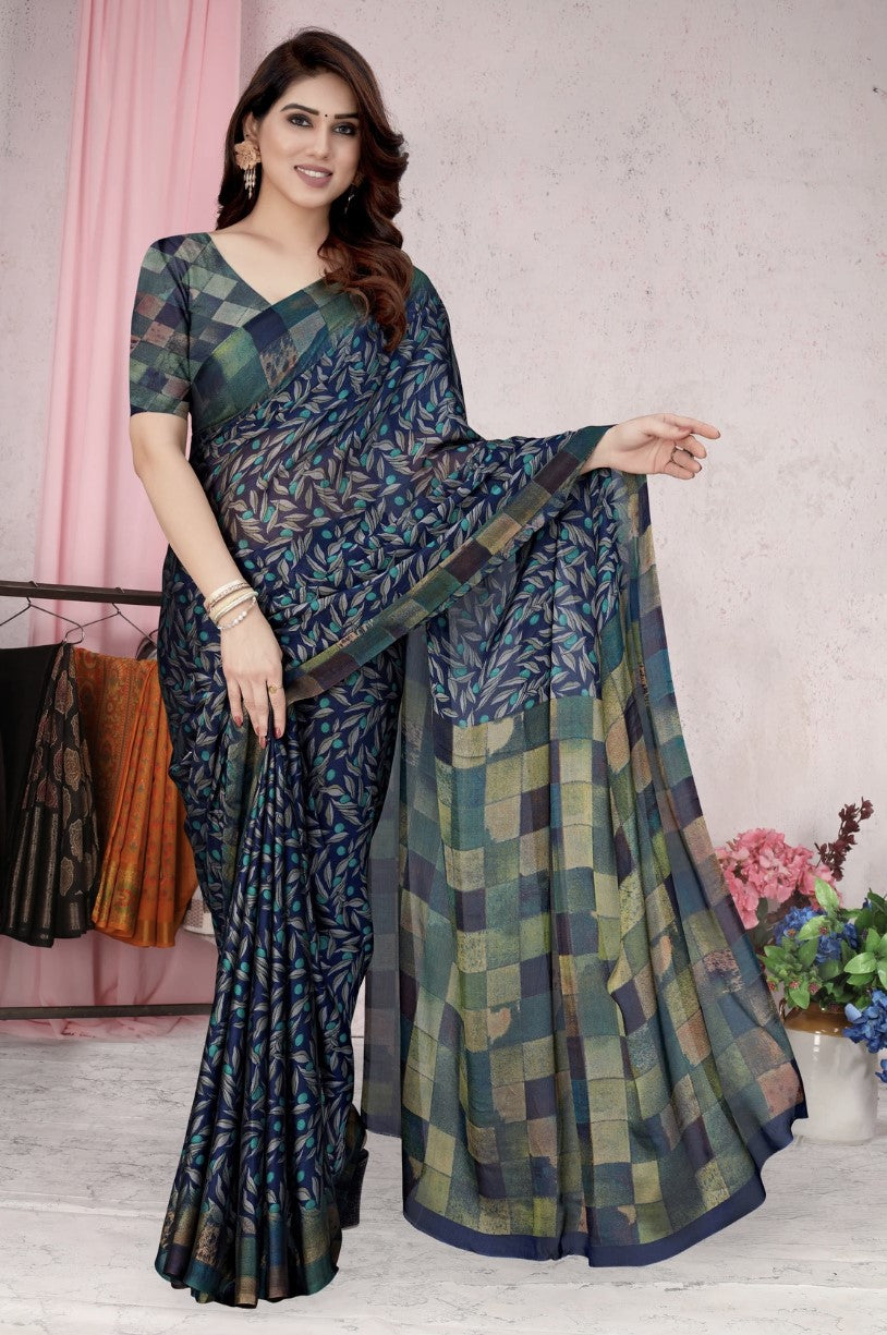 Dark Blue Chiffon Saree for Women | Botanical Printed Design