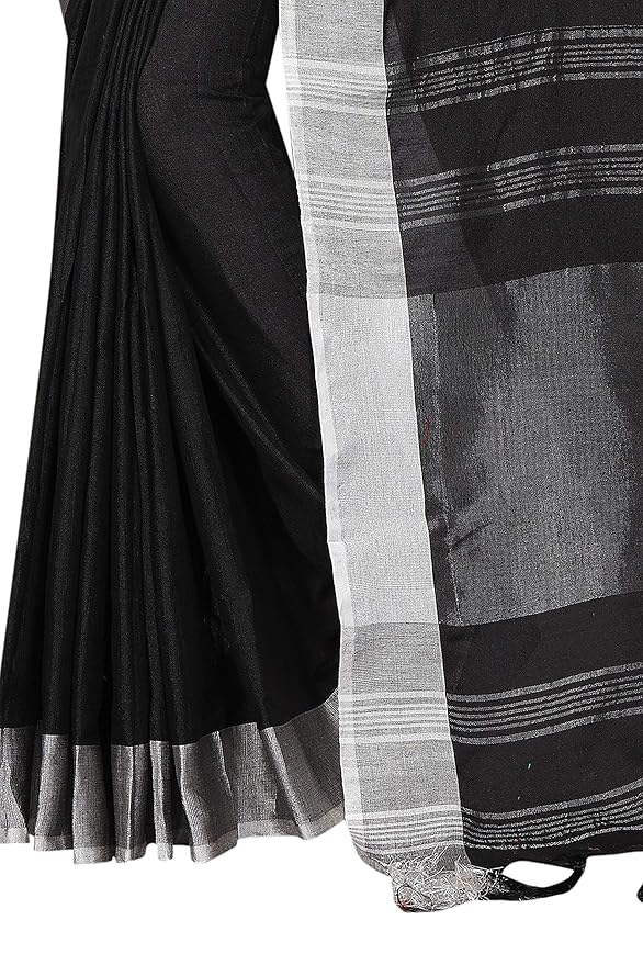 Linen Silk Blend Saree for Women | Self Print with Zari Detail | Black with Blouse Piece