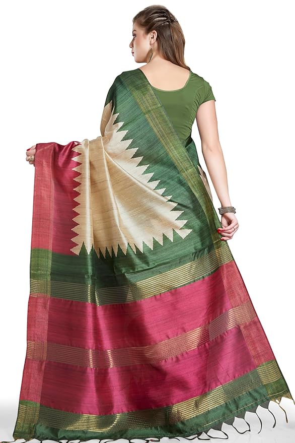 Tussar Silk Printed Saree for Women |Beige and Magenta | Zari Border with Tassels
