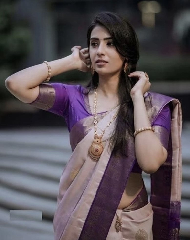 Purple Kanjivaram Silk Saree for Women | Zari Woven Design with Gold Border