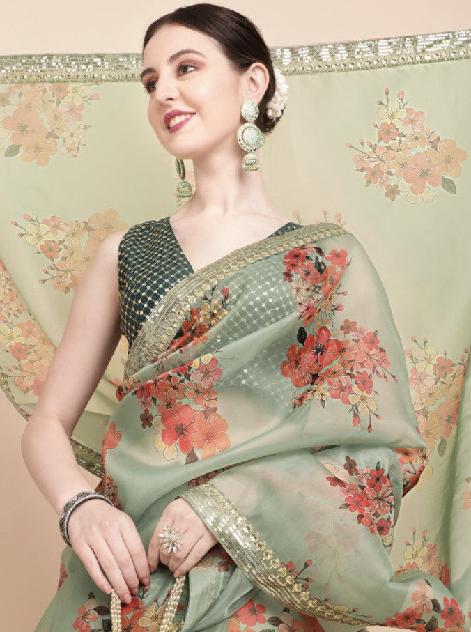 Olive Green and Red Organza Saree for Women | Floral Embellished Design with Sequins