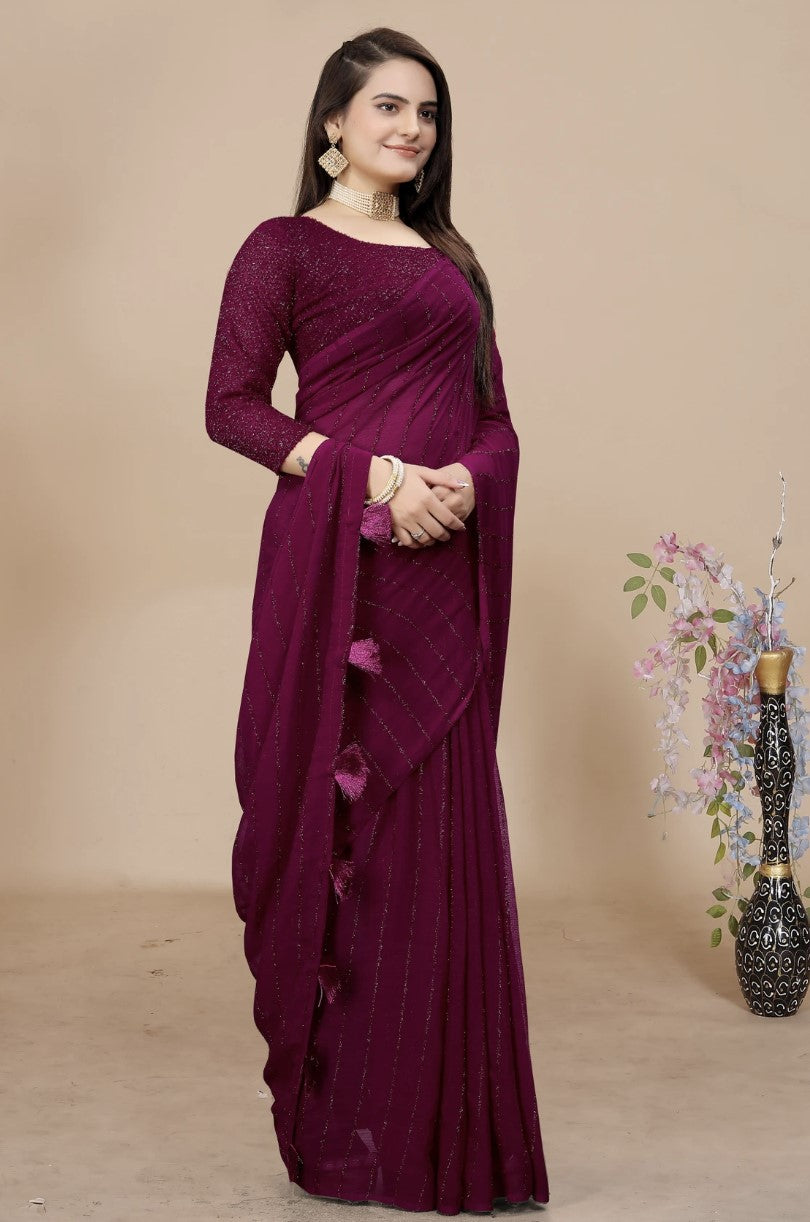 Wine Chiffon Saree for Women | Ruffle Border Self Design