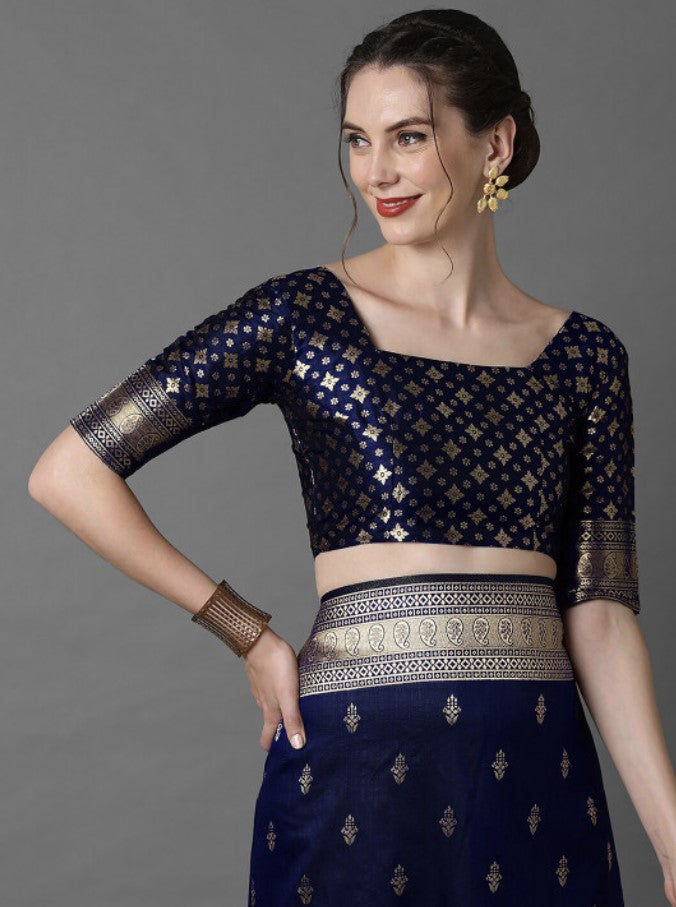 Navy Blue and Gold Banarasi Silk Blend Saree for Women