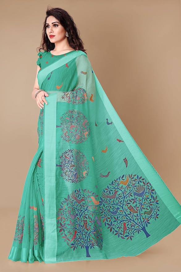 Cotton Blend Saree for Women | Madhubani Forest Print with Satin Woven Border | Teal