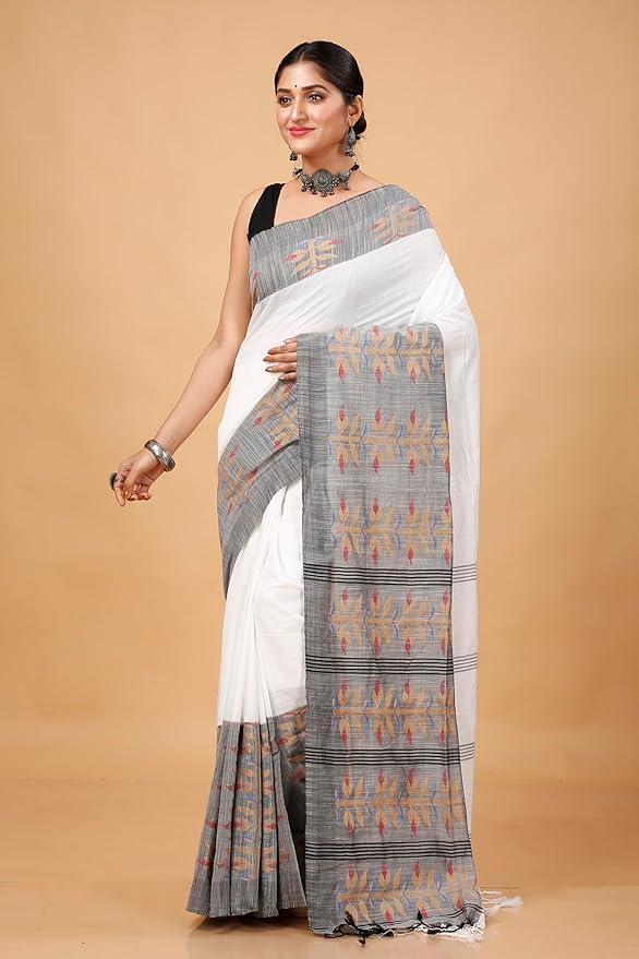 Begampuri Handloom Cotton Saree for Women | Traditional Weave | White with Blouse Piece