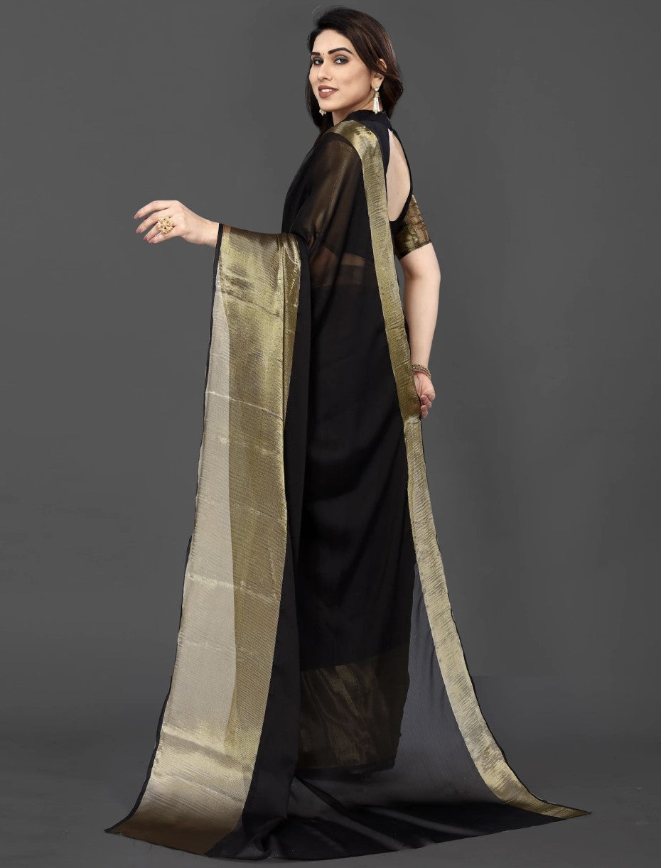 Black Chiffon Saree for Women | Golden Patta Striped Design