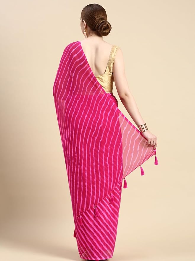 Chiffon Saree for Women | Printed Striped Design with Tassels | Rani Pink