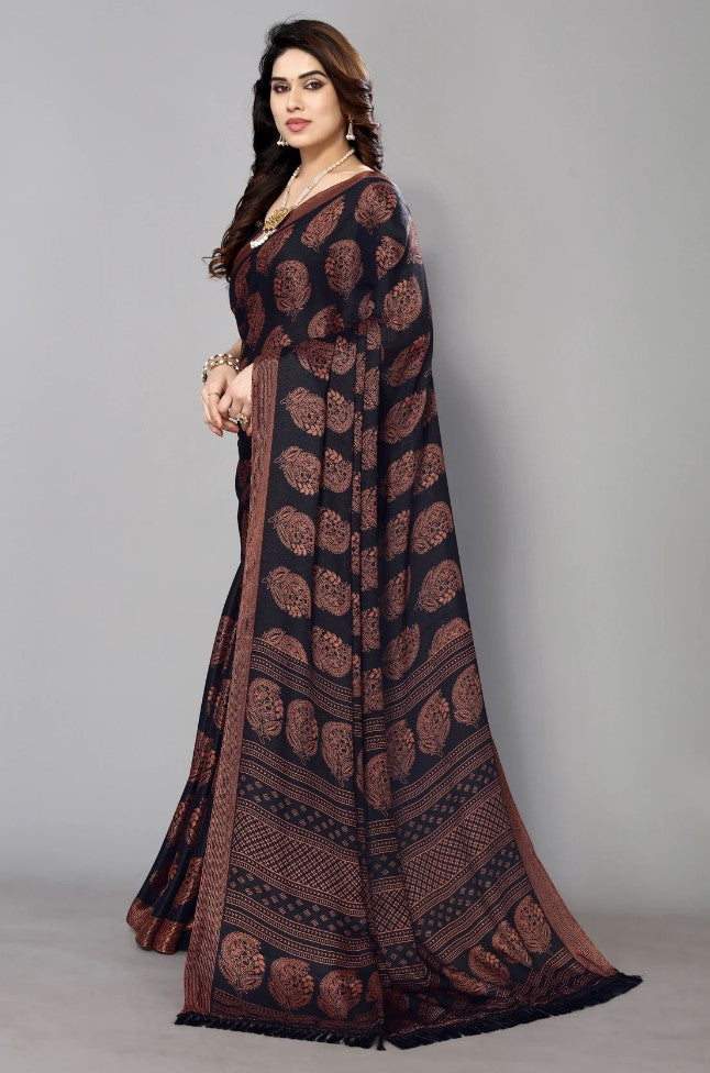 Black Chiffon Georgette Saree for Women | Floral Block Print Design