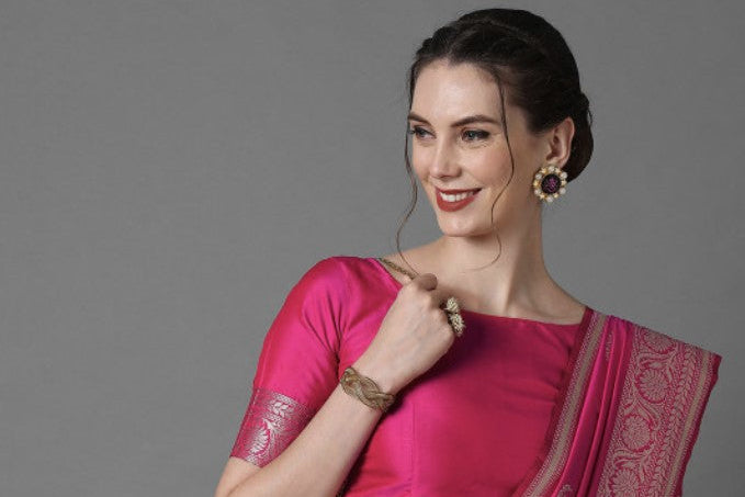 Banarasi Silk Blend Saree for Women | Pink and Silver | Paisley Woven Design