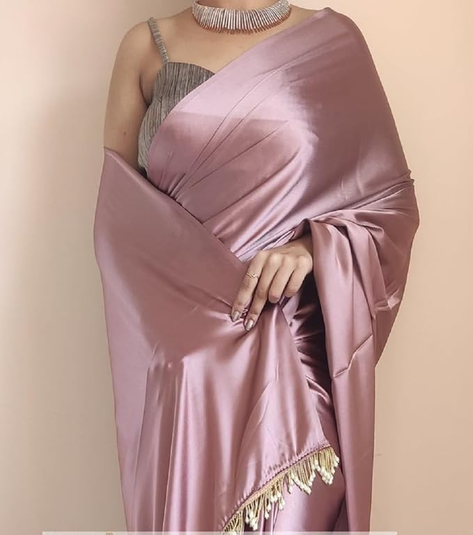 Ready to Wear Satin Silk Saree for Women | Pre Pleated with Belt | Solid Design