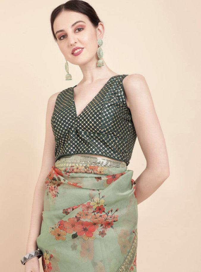Olive Green and Red Organza Saree for Women | Floral Embellished Design with Sequins