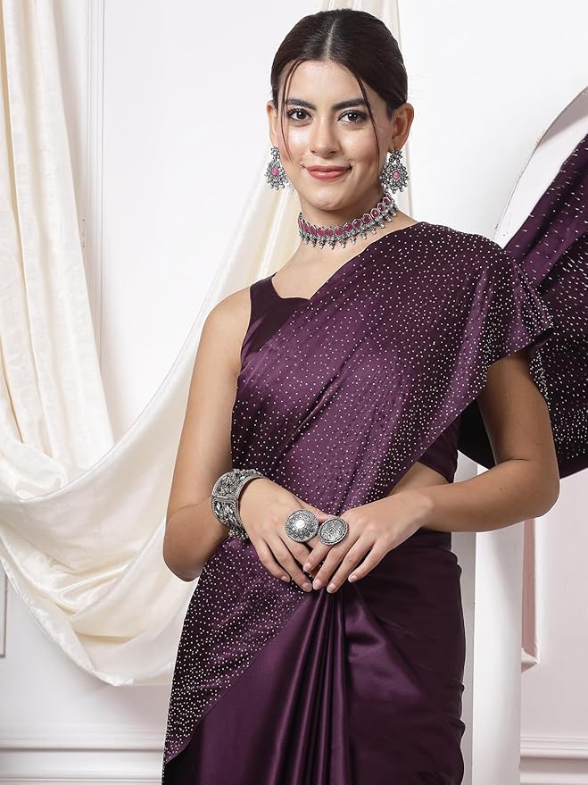 Satin Silk Saree for Women | Hot Fixing Design | Wine with Matching Blouse