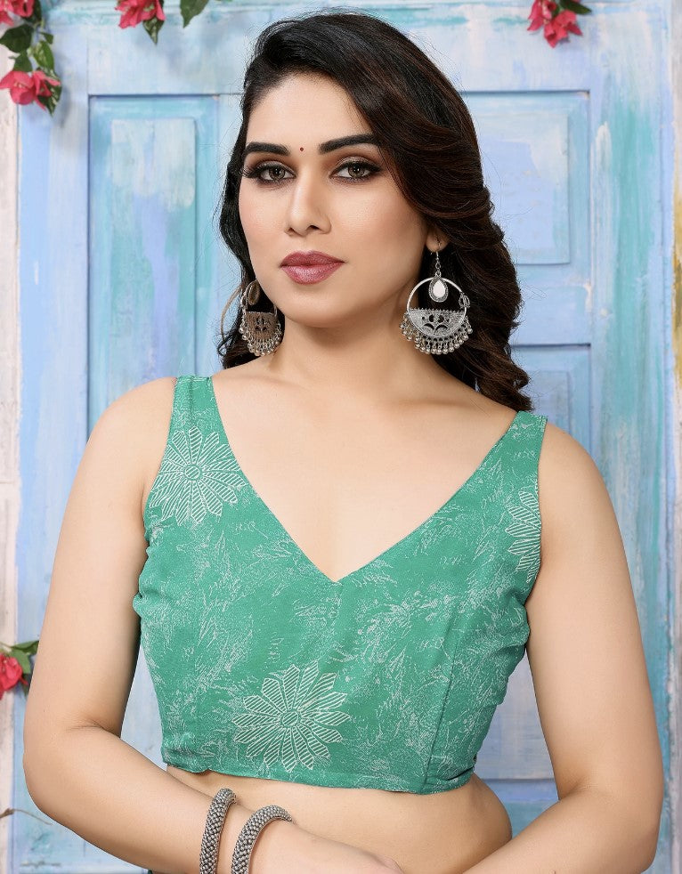 Green Georgette Saree for Women | Printed Floral Botanical Design