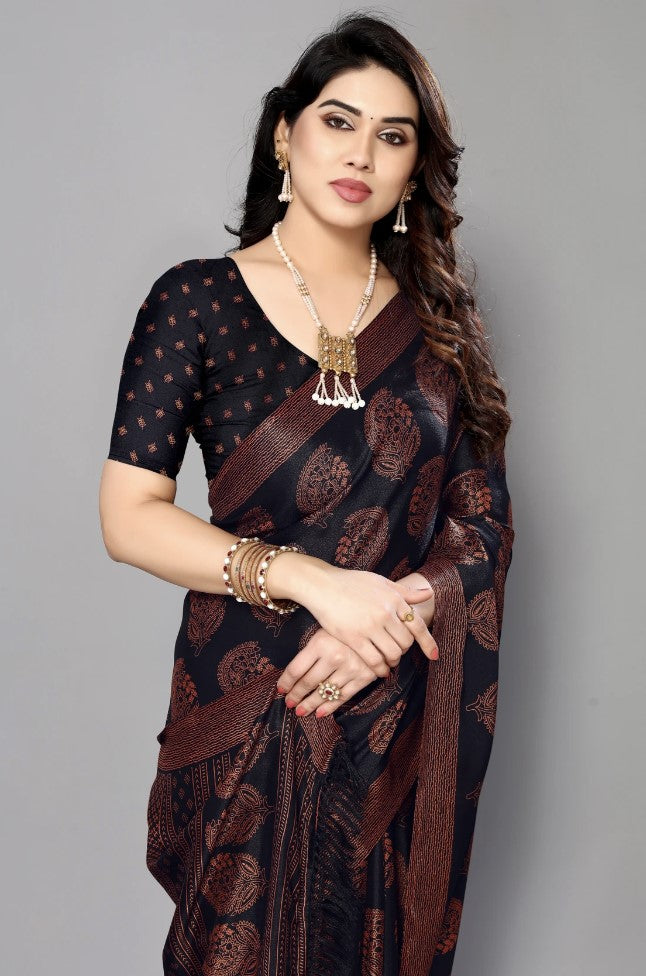 Black Chiffon Georgette Saree for Women | Floral Block Print Design