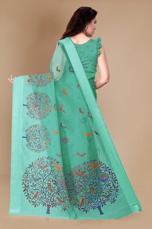 Cotton Blend Saree for Women | Madhubani Forest Print with Satin Woven Border | Teal