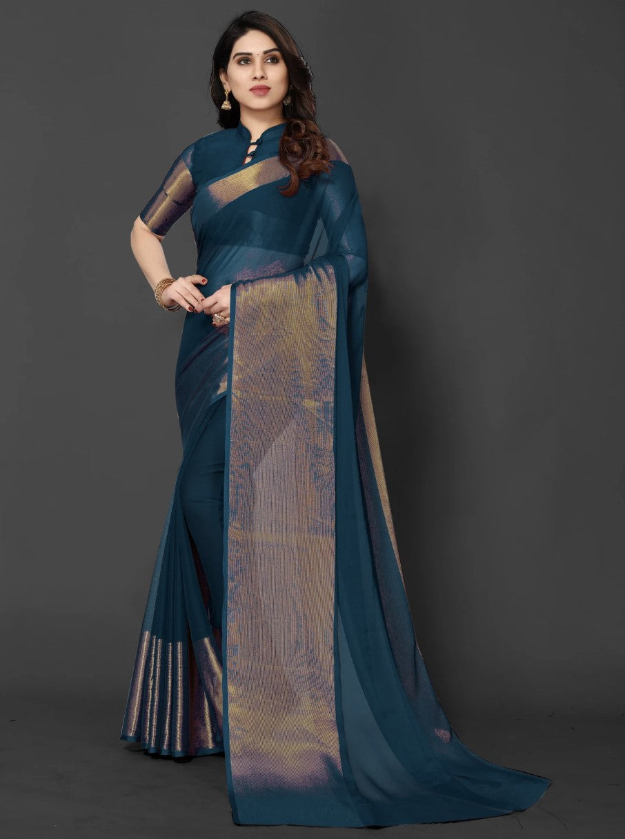 Peacock Blue Chiffon Saree for Women | Golden Patta Striped Design
