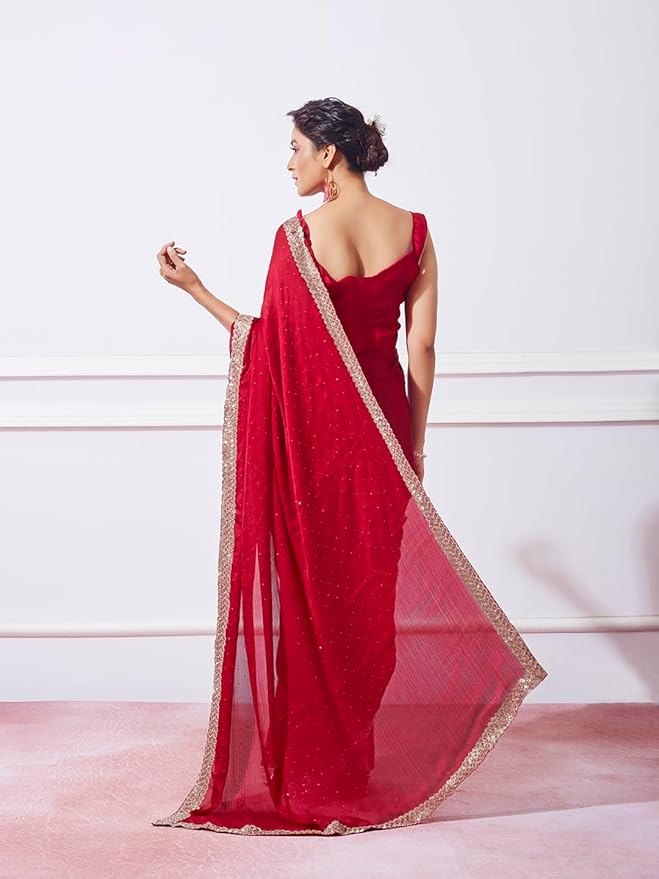 Organza Ruffle Frill Saree for Women | Crush Pattern with Sequence Work | With Blouse Piece