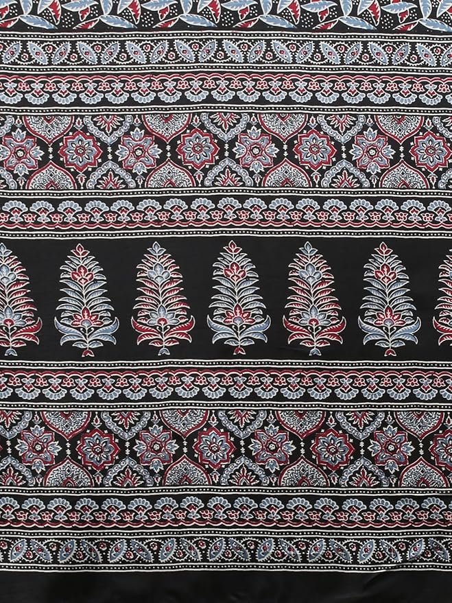 Dola Silk Saree for Women | Ajrak Block Print Design | Black with Floral Blouse