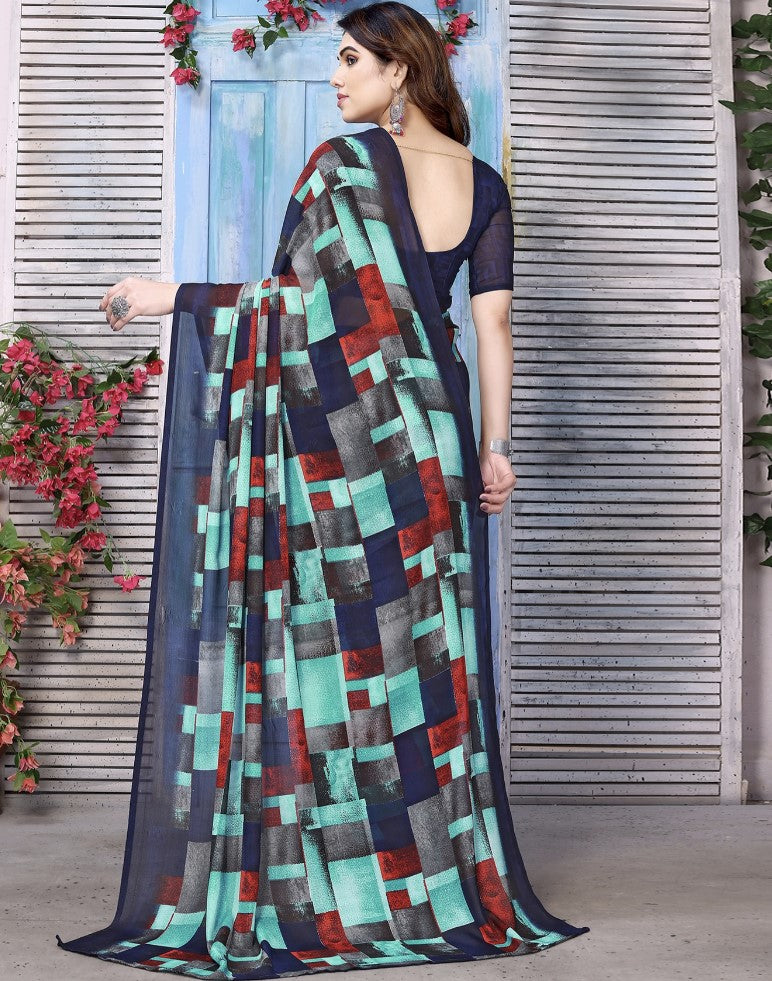 Multicolor Georgette Saree for Women | Floral and Geometric Printed Design