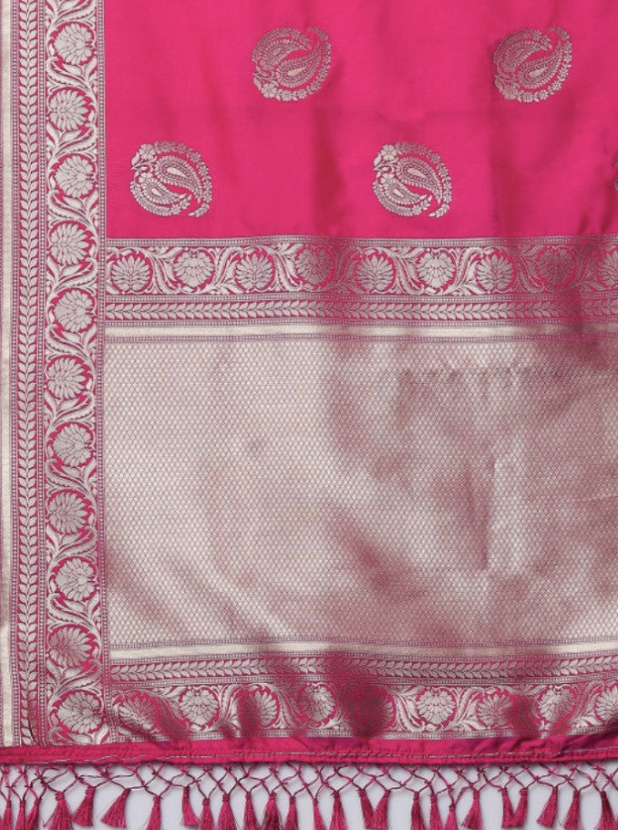 Banarasi Silk Blend Saree for Women | Pink and Silver | Paisley Woven Design