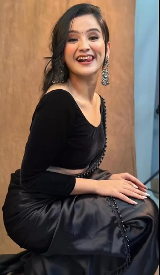 Ready to Wear Satin Silk Black Saree for Women | Embroidered Design with Velvet Blouse