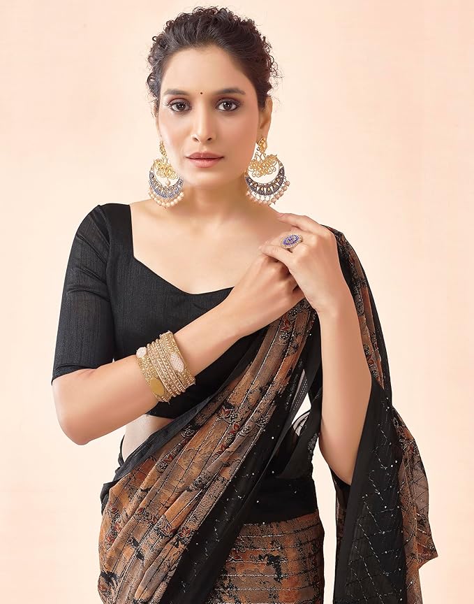 Georgette Saree for Women | Printed Sequence Work | Black with Banglori Silk Blouse