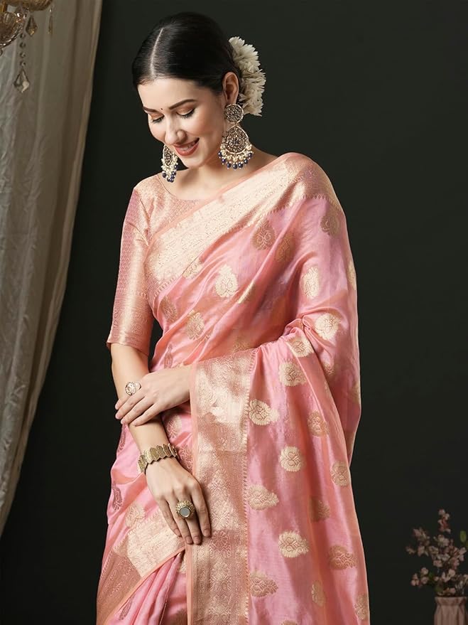 Organza Saree for Women | Zari Woven Ethnic Motif Design | Pink with Banarasi Silk Blouse