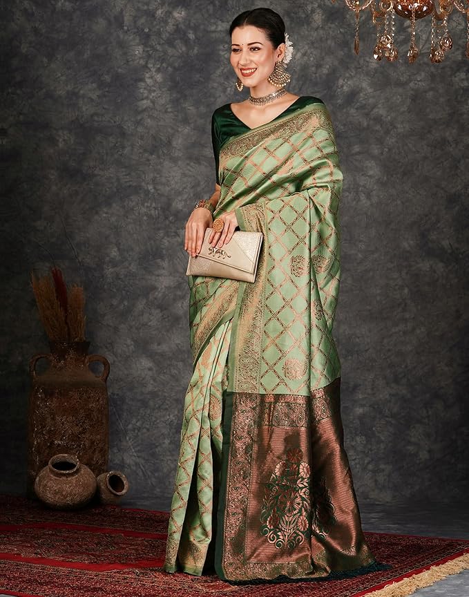 Silk Jacquard Saree for Women | Traditional Woven Design | Pista Green with Dark Green Blouse