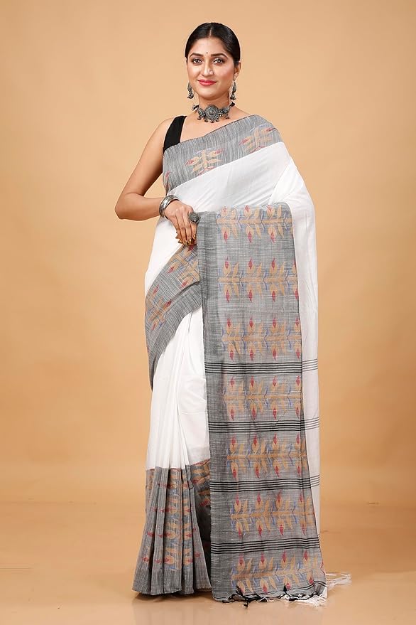Begampuri Handloom Cotton Saree for Women | Traditional Weave | White with Blouse Piece