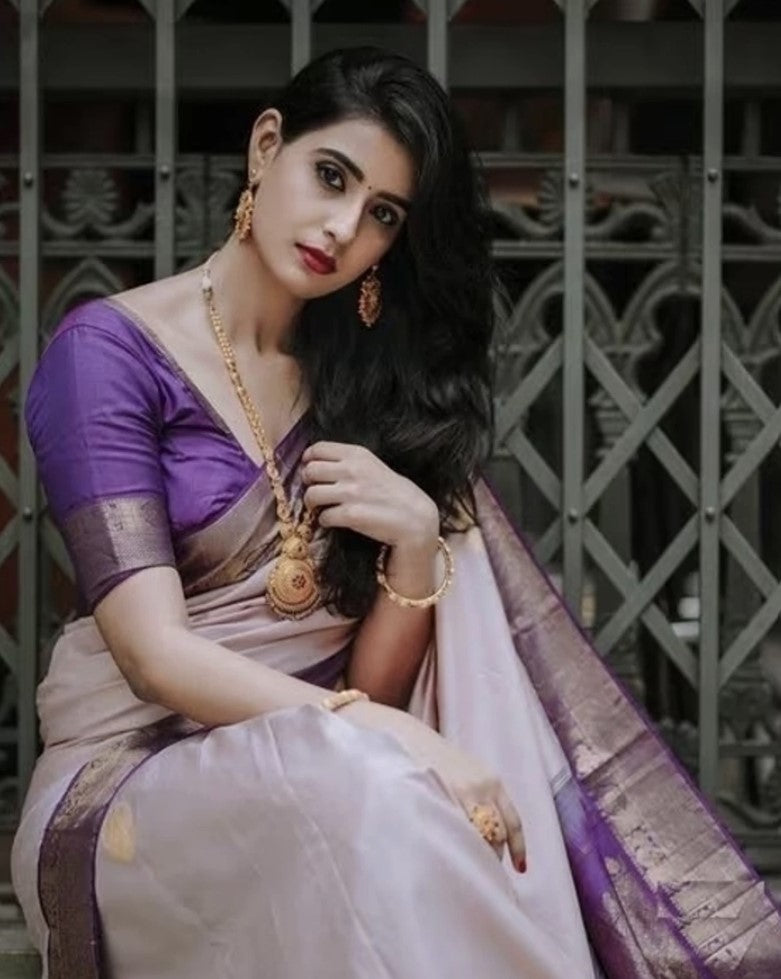 Purple Kanjivaram Silk Saree for Women | Zari Woven Design with Gold Border