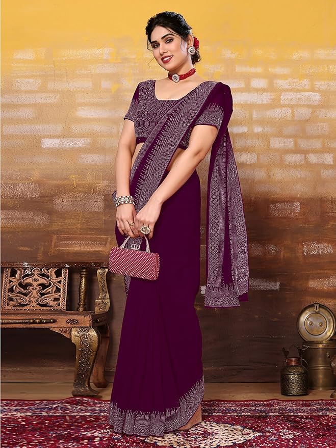 Georgette Saree for Women | Hot Fixing Design | Wine with Matching Blouse
