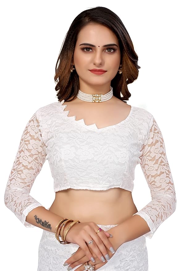 Net Saree for Women | Floral Lace Design | With Blouse Piece