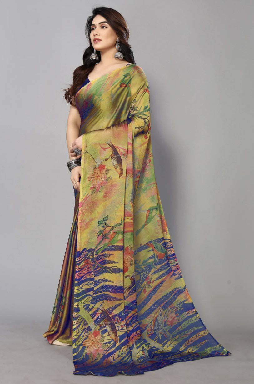 Royal Blue Chiffon Georgette Saree for Women | Floral Printed Design